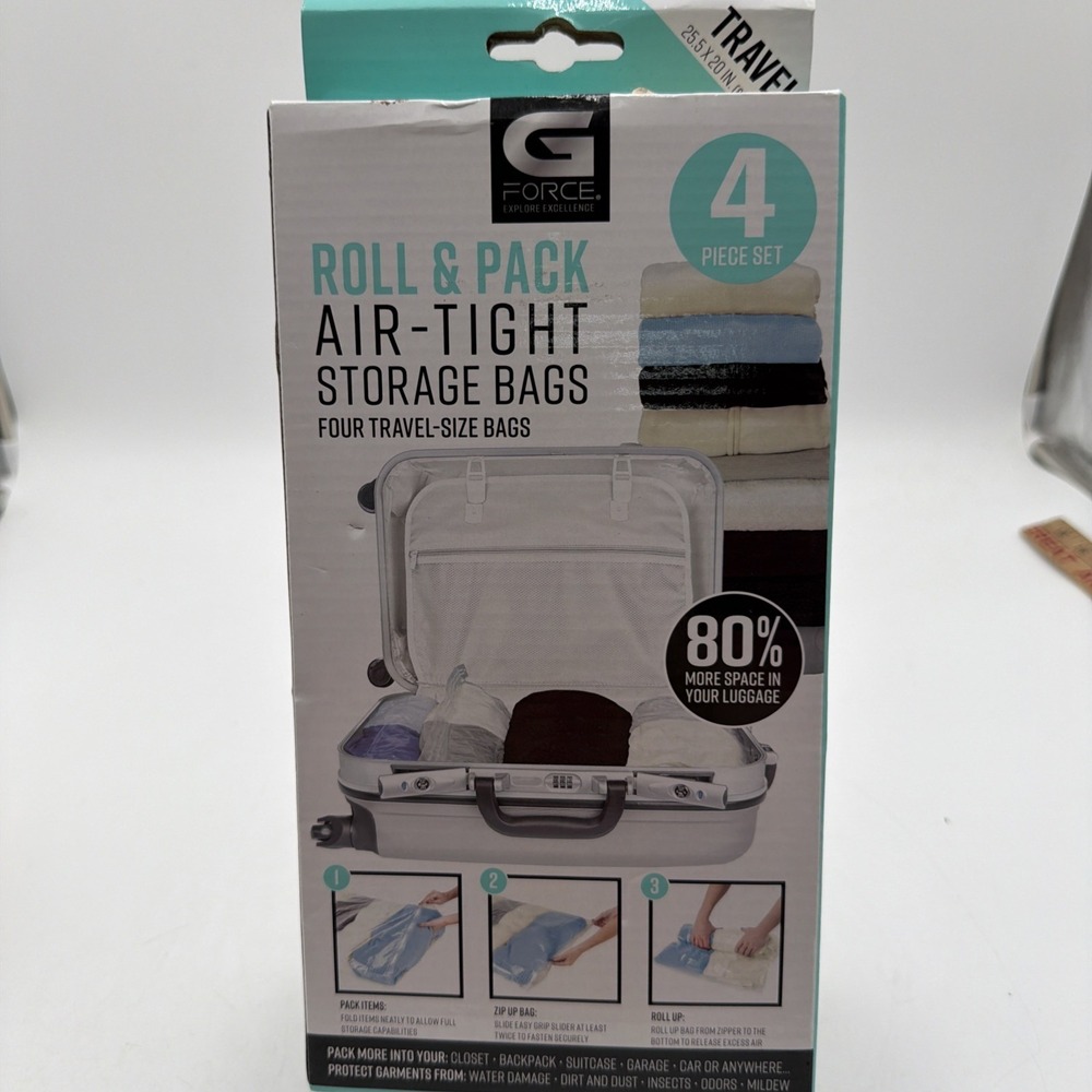 G-FORCE BRAND - ROLL & PACK AIR-TIGHT STORAGE BAGS - 4 PIECE SET - NEW IN BOX!!